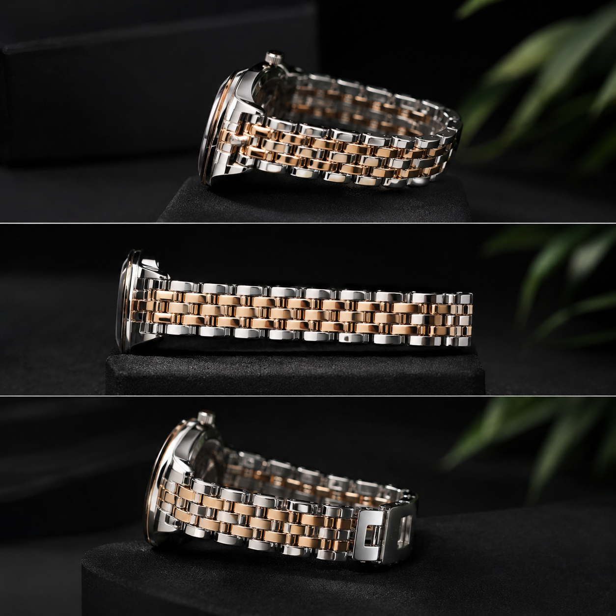 Portive Women's Two-Tone Stainless Steel Black Dial Quartz Watch