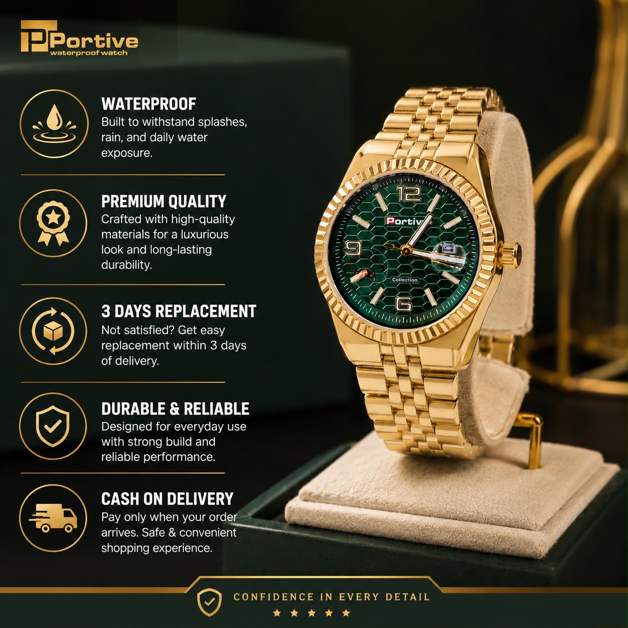 Portive Luxury Gold Green Men's Watch