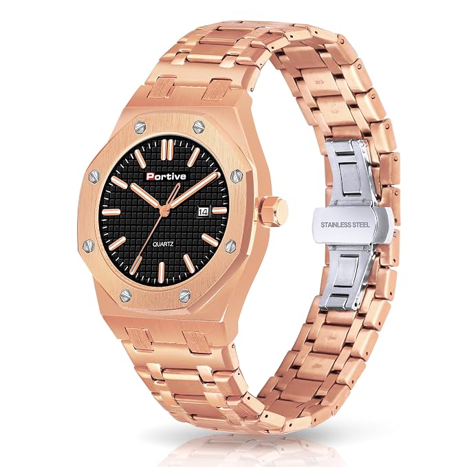 Portive Royal Rose Gold Black Dial Premium Quartz Watch for Men