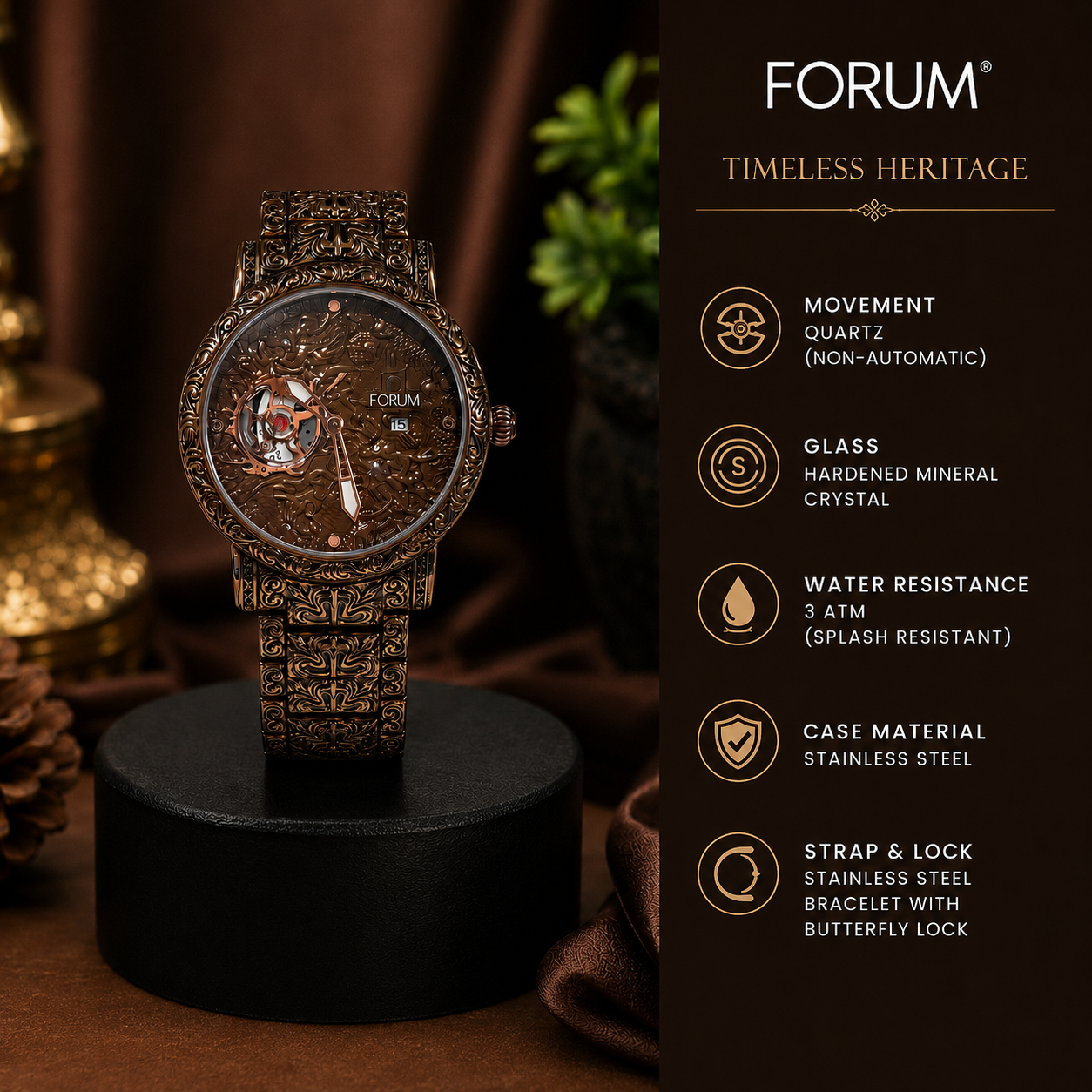 FORUM Timeless Heritage Engraved Quartz Watch – Vintage Bronze Edition