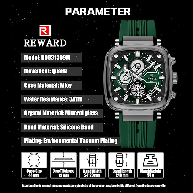 Reward VIP Green Square Chronograph Silicone Strap Men's Watch