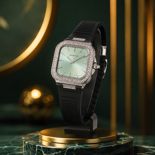 Universe Point Mint Green Diamond Bezel Luxury Watch – Black Silicone Strap