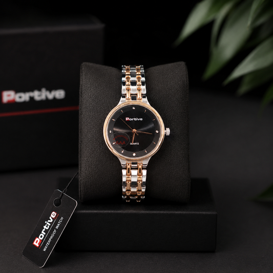 Portive Women's Two-Tone Stainless Steel Black Dial Quartz Watch