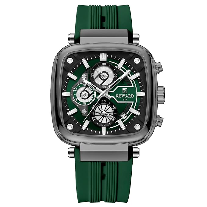 Reward VIP Green Square Chronograph Silicone Strap Men's Watch