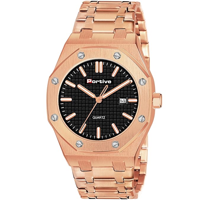 Portive Royal Rose Gold Black Dial Premium Quartz Watch for Men