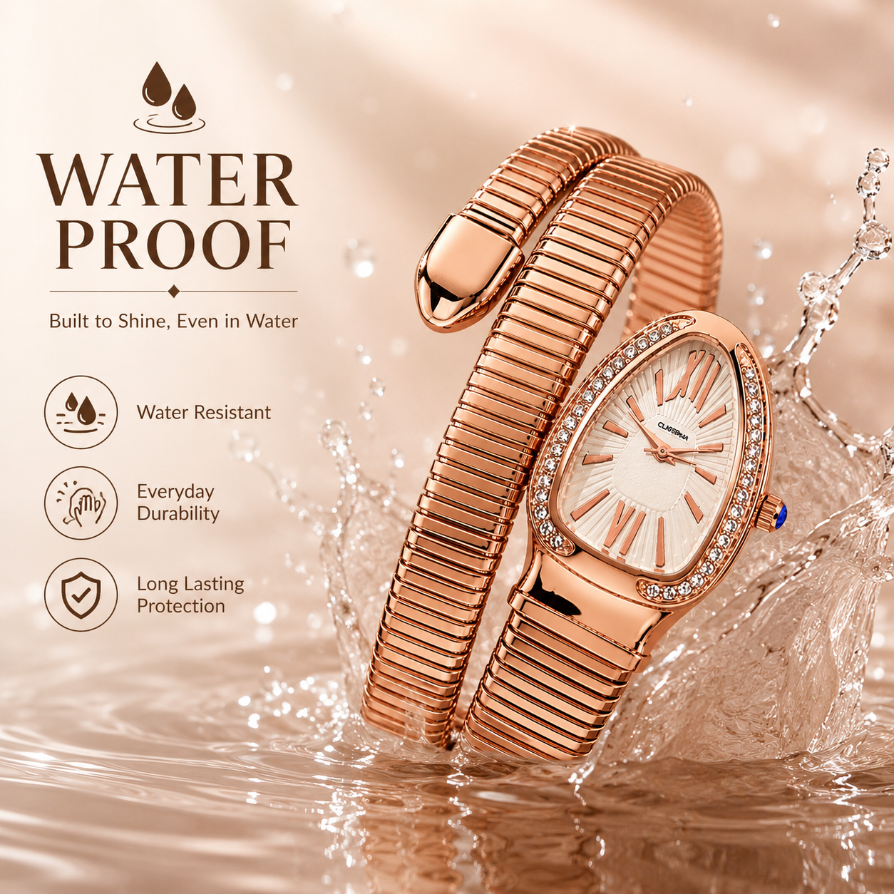 Portive Women's Rose Gold Snake Bracelet Quartz Watch