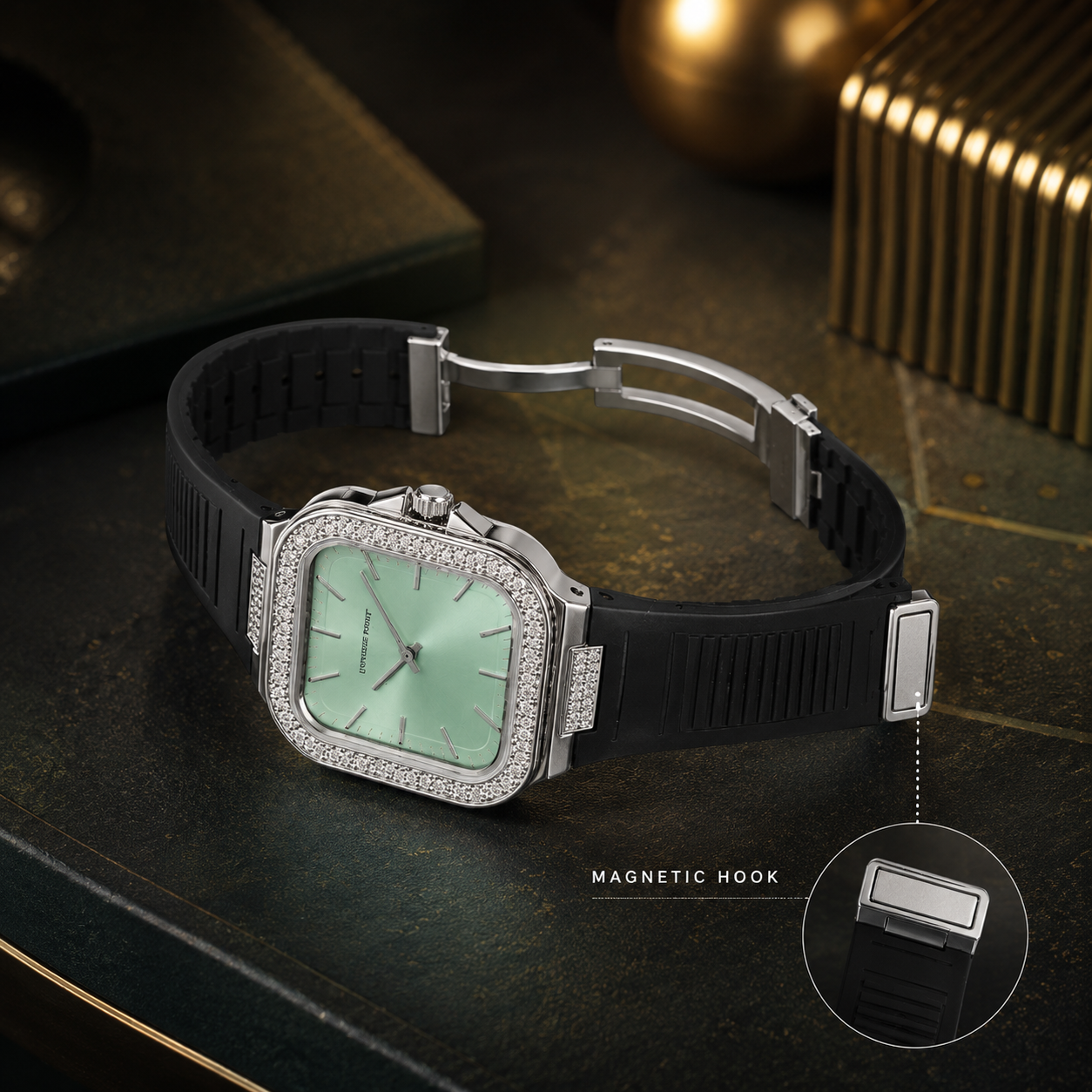 Universe Point Mint Green Diamond Bezel Luxury Watch – Black Silicone Strap