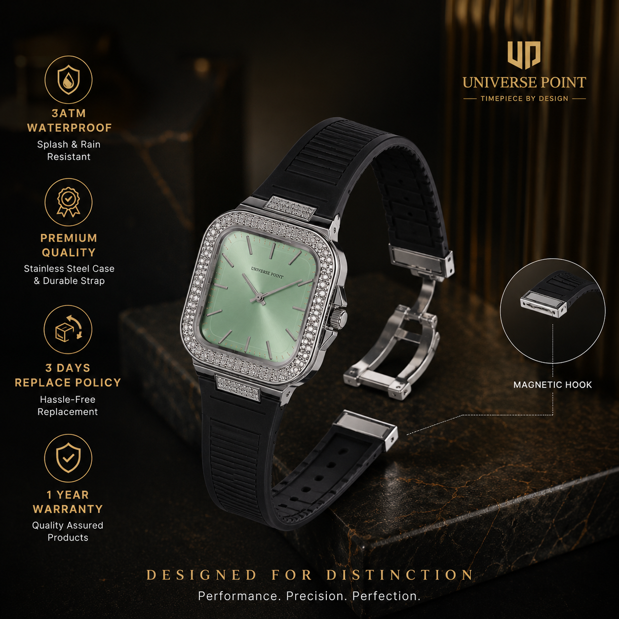 Universe Point Mint Green Diamond Bezel Luxury Watch – Black Silicone Strap