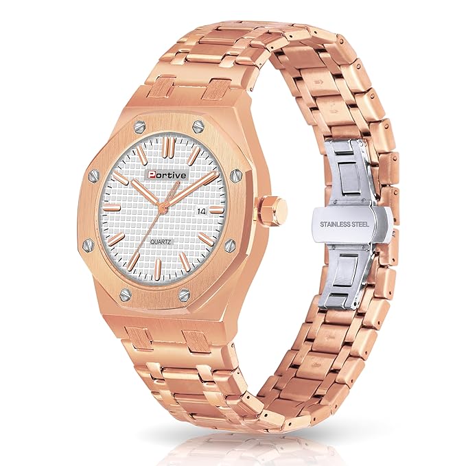 Portive Royal Rose Gold White Dial Premium Quartz Watch for Men