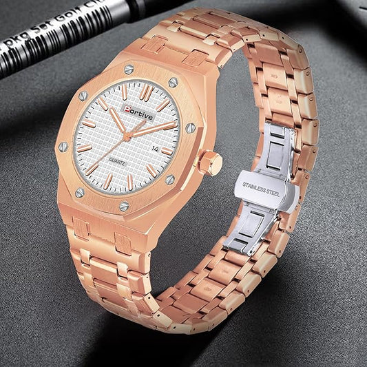 Portive Royal Rose Gold White Dial Premium Quartz Watch for Men
