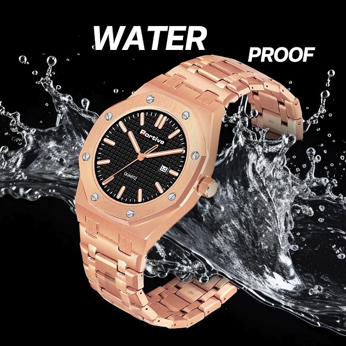 Portive Royal Rose Gold Black Dial Premium Quartz Watch for Men