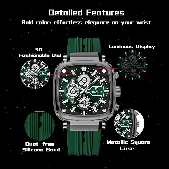 Reward VIP Green Square Chronograph Silicone Strap Men's Watch