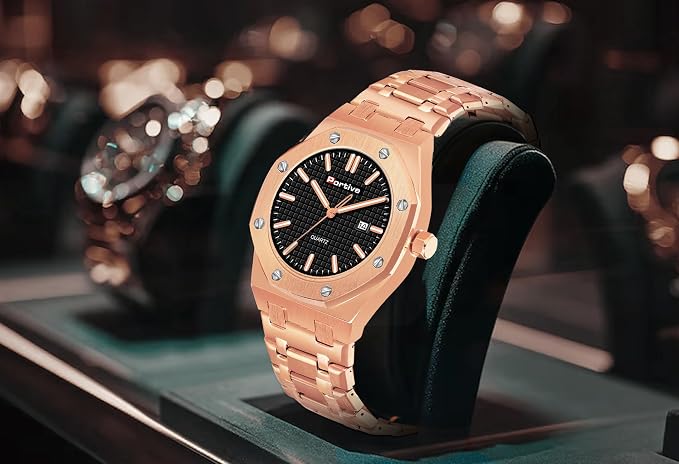 Portive Royal Rose Gold Black Dial Premium Quartz Watch for Men