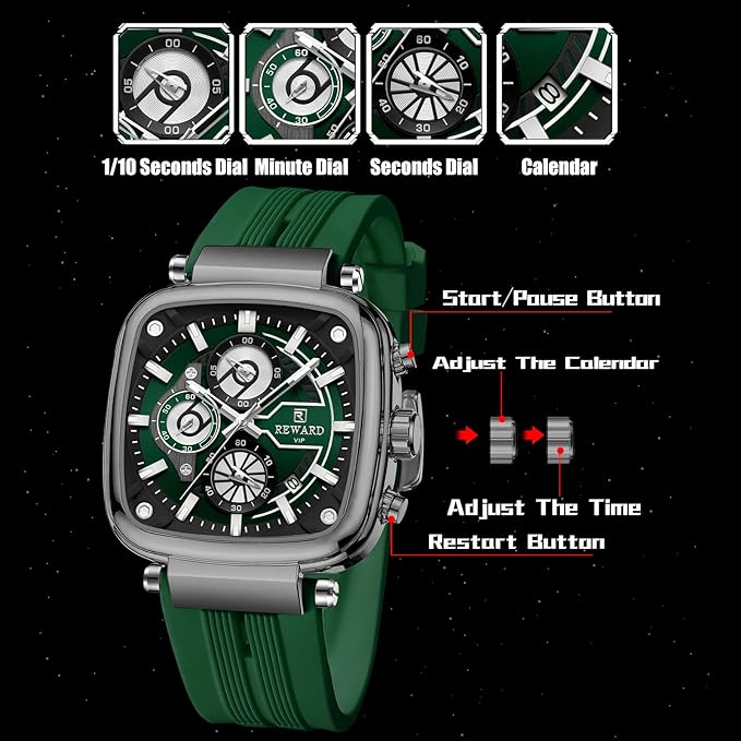 Reward VIP Green Square Chronograph Silicone Strap Men's Watch