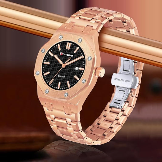 Portive Royal Rose Gold Black Dial Premium Quartz Watch for Men